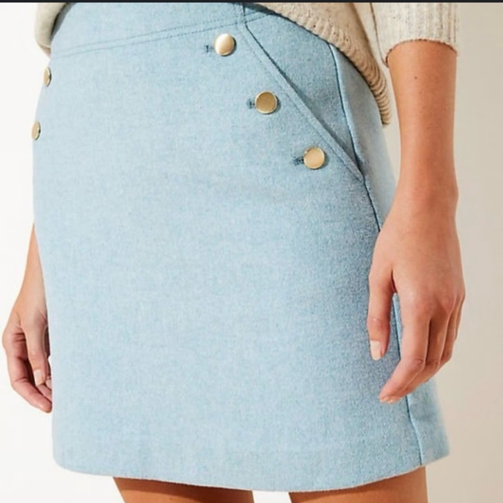 LOFT Baby Blue Wool Blend Mini Pencil Skirt with Gold Buttons NWOT